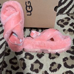 UGG Fuzzita Clear Cross Slide Slingback Platform Size 10 Coral Sheepskin
