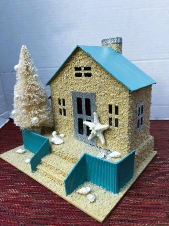 MCM Beach Scene Christmas Putz House with Bottle Brush Christmas Tree