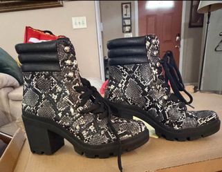Snakeskin Print Lace-Up Heeled Combat Boots