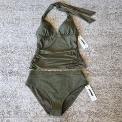 NWT DKNY UPF 40+ Tummy Control Olive Green Ruched Tankini Top Sz S Bottoms Sz M