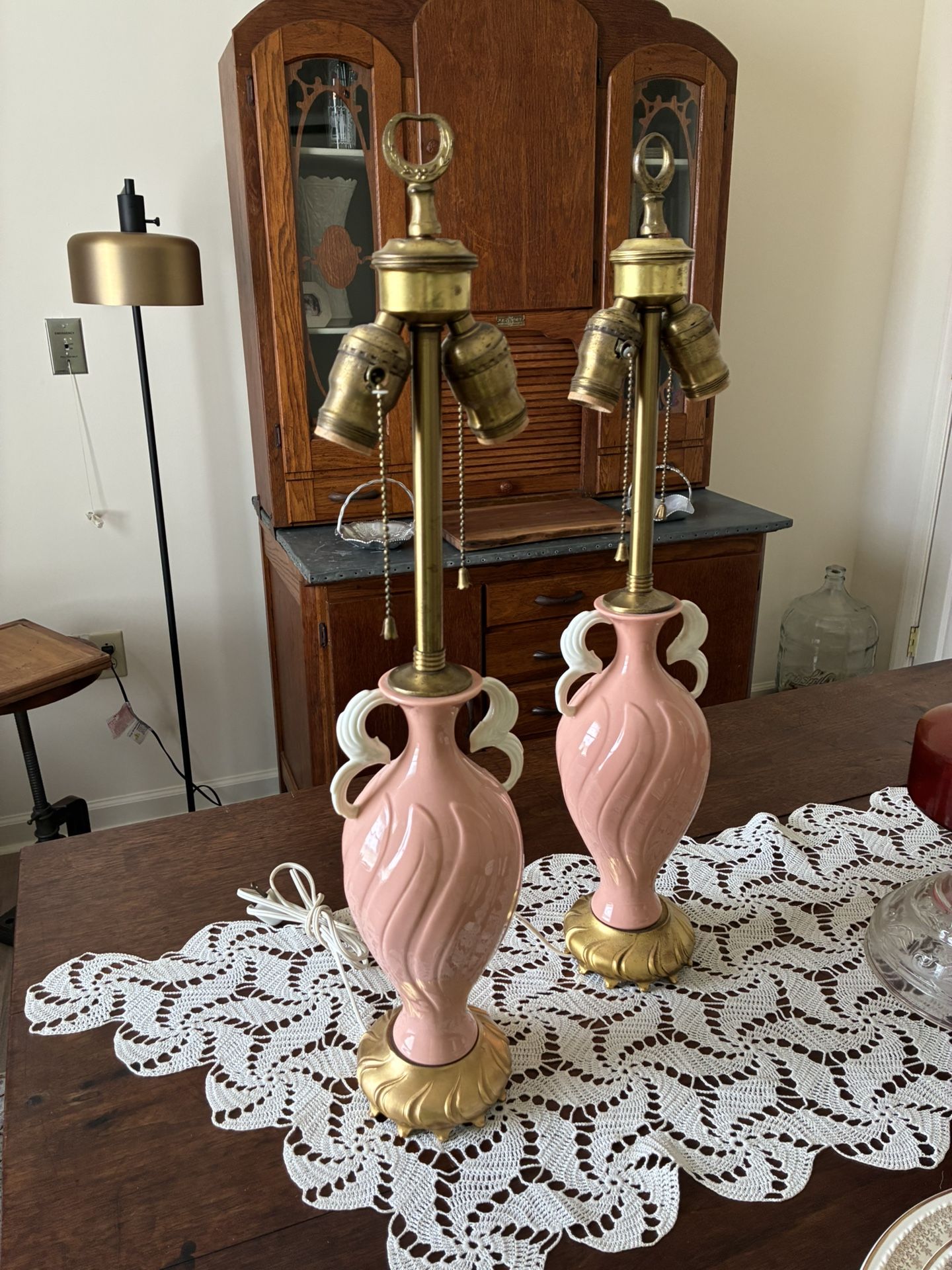 Antique - Qty2 - Lamp / Light DAV Art NY & Lenox Porcelain Coral/ Salmon Color