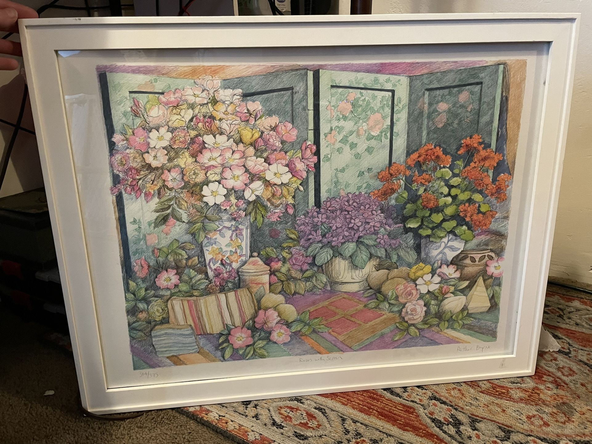 ARTHUR BYRNE "ROSES WITH SCREEN” FRAMED DRAWING W/CERTIFICATE OF AUTHENTICITY