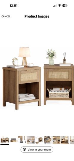 SICOTAS Night Stand Set 2 Rattan Nightstands with Drawer