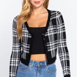 Long Sleeve V-neck Fitted Button Down Plaid Sweater Cardigan