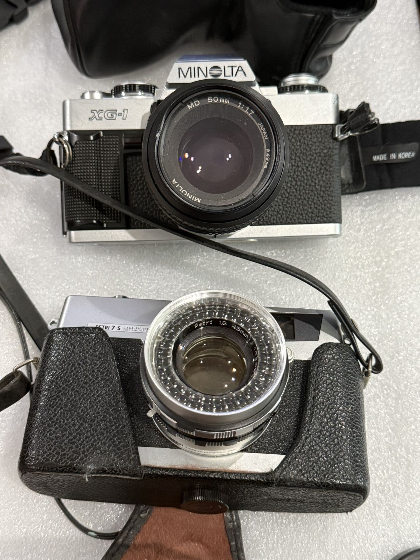 2 Vintage 35mm SLR Cameras - Case - Minolta XG1 & Petri 7S