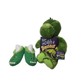 How To Catch A Dinosaur Green Plush Toy with Book & Dino Slippers Bundle 