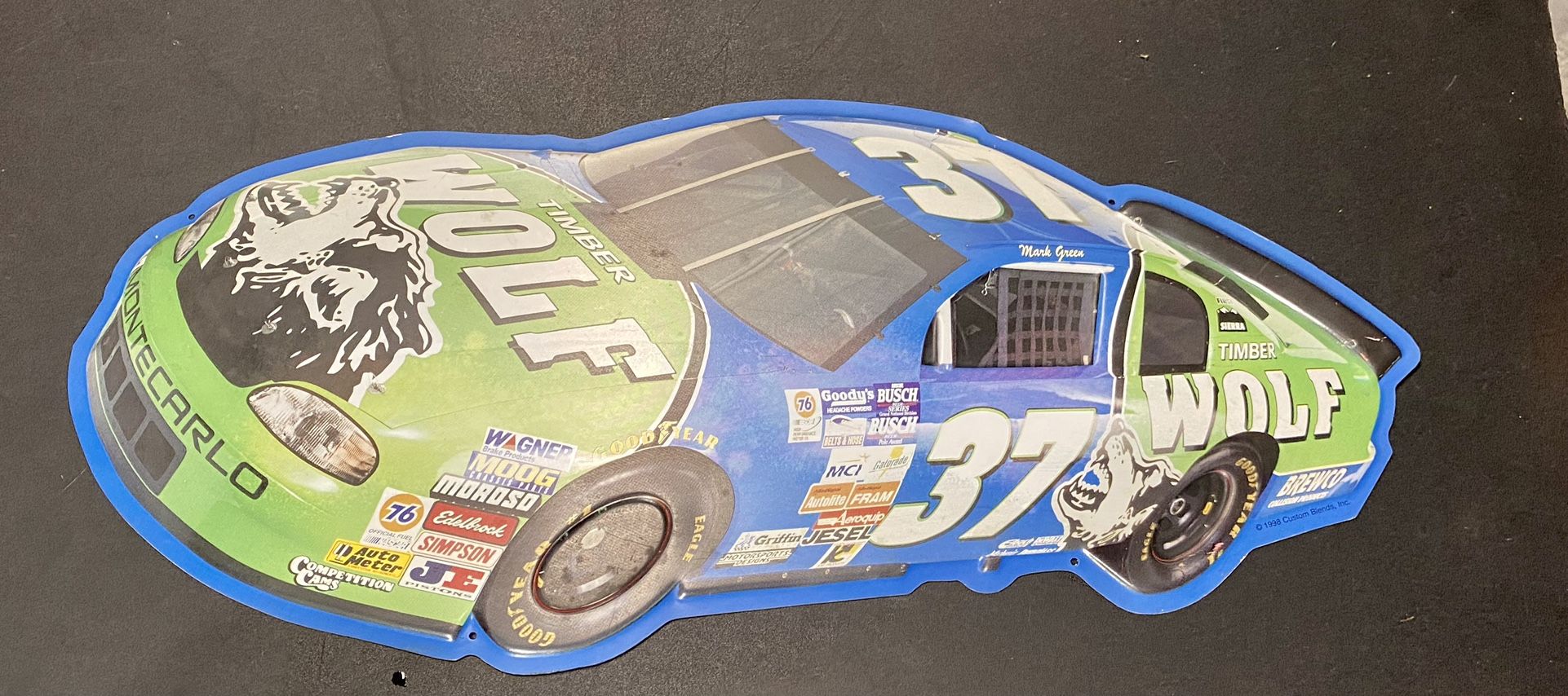 Vintage Timber Wolf Nascar #37 Mark Green Car Sign Tin Metal 1998. 23"x 10"