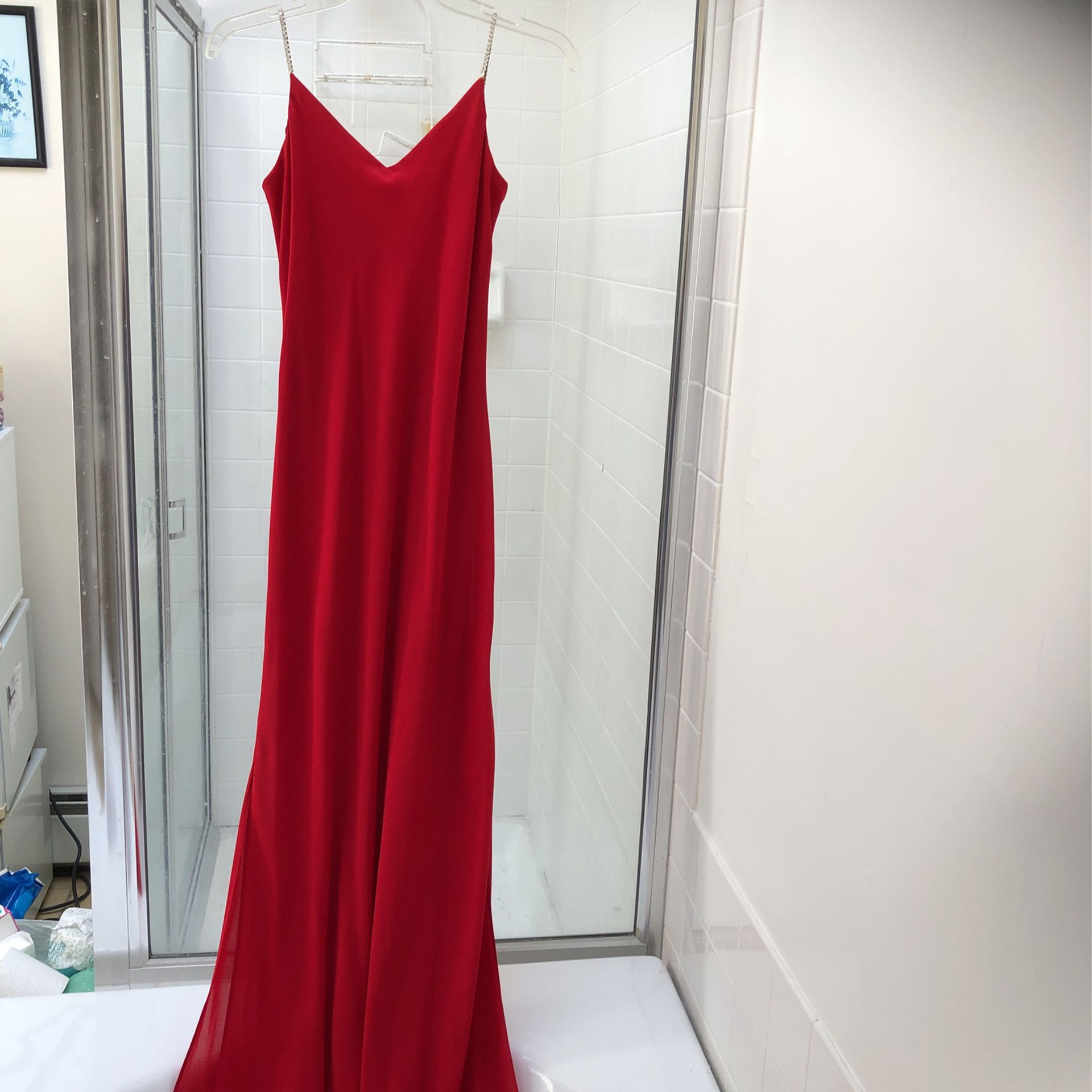 Simple Yet Elegant Red Dress With Beaded Straps, Low Cut Back And Two Dramatic Side Slits