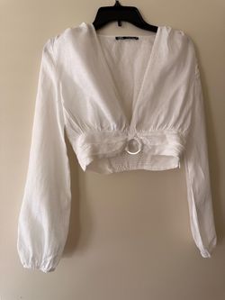 Zara White Linen Blend Crop Top Size Small Deep V Ring Detail Long Sleeve