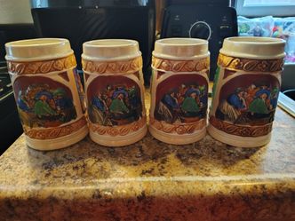 Set of 4 Ceramic Beer Mugs/Steins Raised Grape & Tavern Relief Scenes