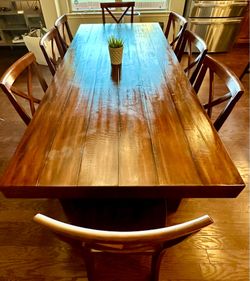 Pottery Barn 8 ft Farm Table with 10 Solid Wood Dining Chairs (shown with 8 chairs)