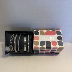 Folio Women's 5piece Silver Tone Jewelry  Watch & Bracelets Set