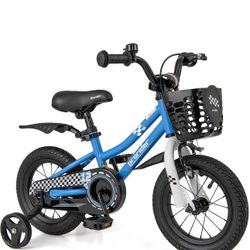 12 in. Kid's Bike with Removable Training Wheels and Basket for 4-Years to 8-Years Old Boys Girls Blue