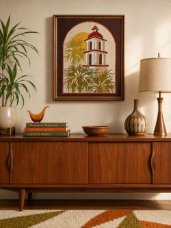 Vintage MCM Crewel Old Mission Church Palm Wood Rustic Framed Crewel Art
