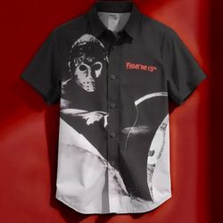 Friday the 13th Mens Button Down, Casual Shirt  (MEDIUM)