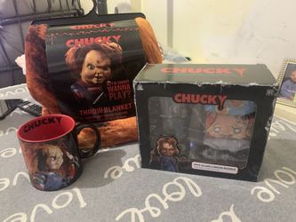 Chucky blanket, glass set socks, three pairs and a coffee mug