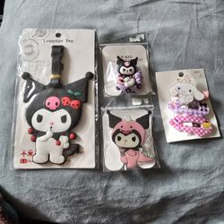 Kuromi Luggage Tag, 2 Popgrips & Hair Clip, Cinnamonroll Clip & Pompom Clip