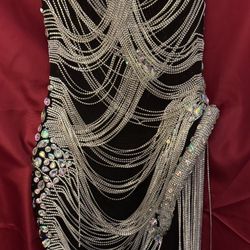 Luxurious Silver Crystals Chains Transparent Black Nude Dress