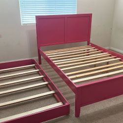 Pink Bed Frame, 6 Drawer Dresser With Mirror, Night Stand And 4 Drawer Dresser 