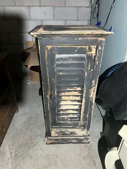 Tall Distressed Black Wood Cabinet with Louvered Door + Drawer