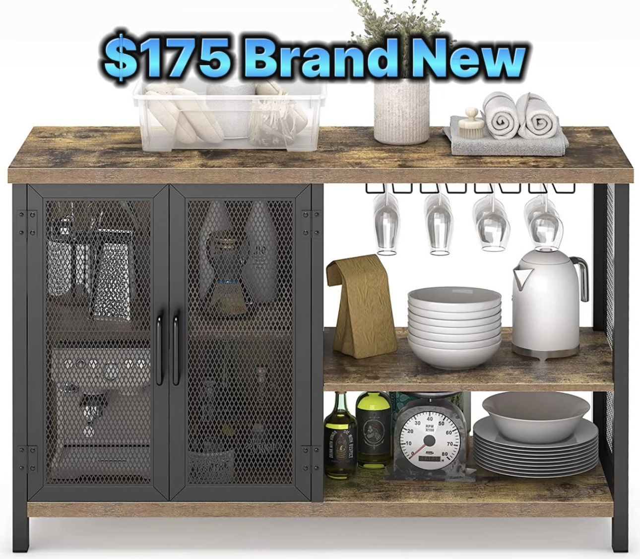 Buffet Cabinet Coffee Bar Table Storage Cabinet, Farmhouse Buffet Station Sideboard with Liquor and Glasses Rack, Credenza Cupboard for Kitchen Dining