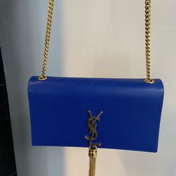 Saint Laurent Blue Calfkin Leather Tassel Bag