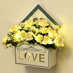 New! White Roses Artificial Flowers Plant, Artificial White Roses with Led Lights in Hanging Wooden Box for Wall, Home Office Parties and Wedding Deco