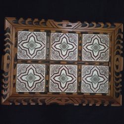 Vtg Mexican Tile & Handcarved Wooden Tray 17.5"x12.5"