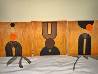 Mid-Century Modern Geometric Wood Wall Art Trio