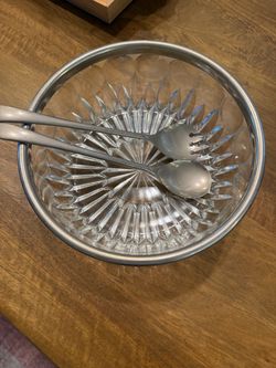 Vintage Crystal Glass Salad Bowl with Serving Utensils