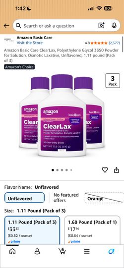 NEW Amazon Basic Care ClearLax, Polyethylene Glycol 3350 Powder for Solution, Osmotic Laxative, Unflavored, 1.11 pound (Pack of 3)