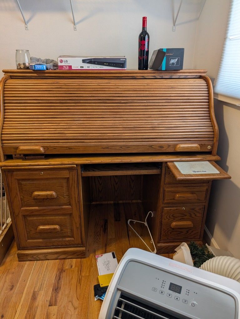 Vintage Roll Top Desk With Filing Cabinet 