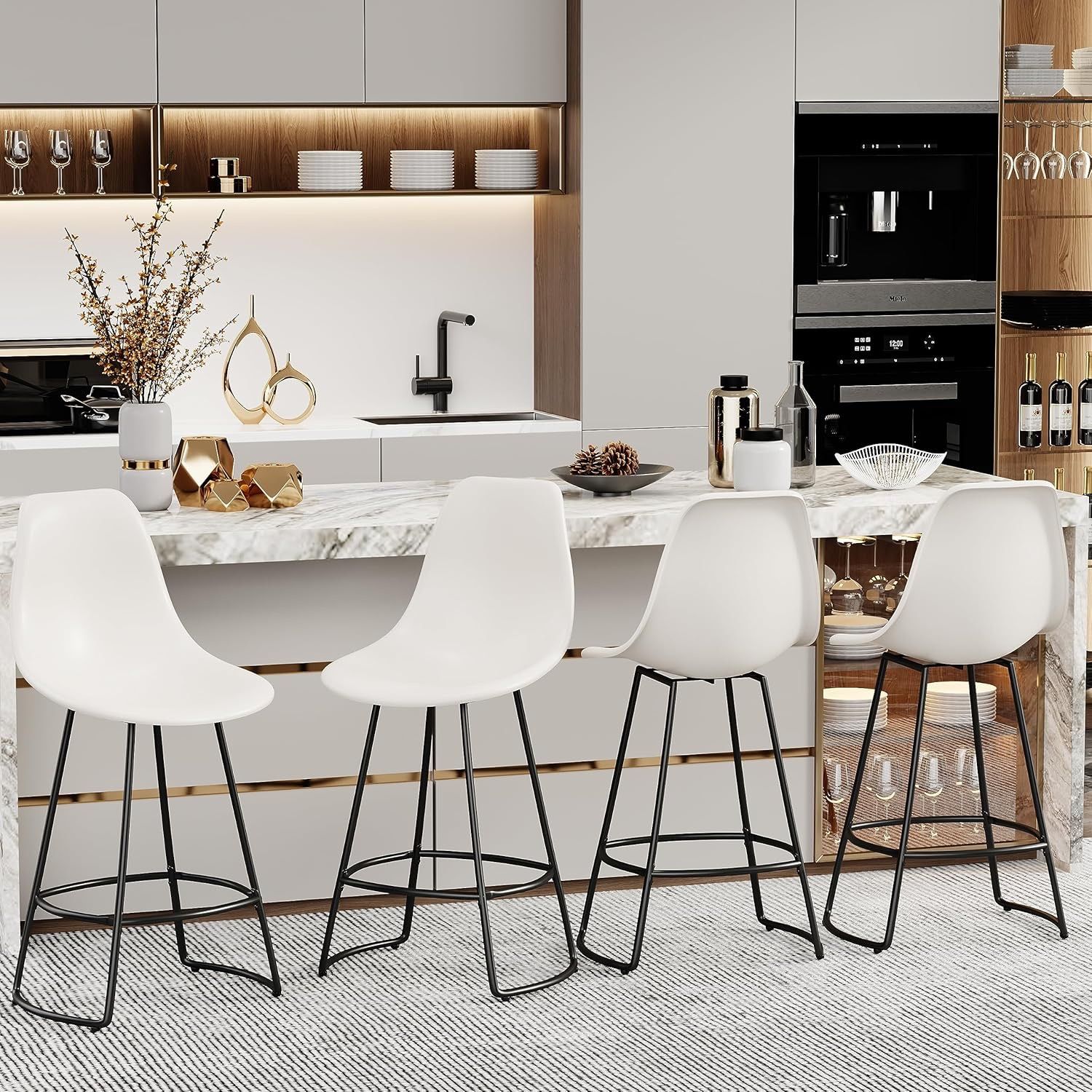 26 inch Swivel Barstools Set of 4, Mid Century Counter Bar Height Stools, Modern Dining Room Bar Chairs for Kitchen Island with Back Metal Legs-White