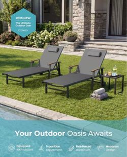 New Set of 2 Grey Foldable Chaise Lounge Chairs