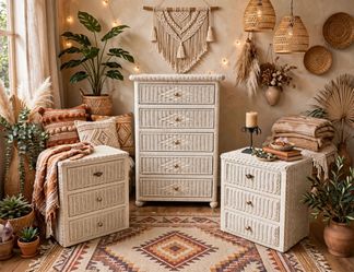 Warm Ivory Rattan Bedroom Set, Boho 5-Drawer Dresser + Nightstand Pair, $350 for the Set!