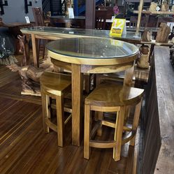 Monkey Pod Pie Table With 4 Chairs & Glass Top