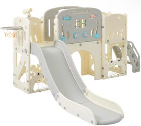 11in 1 Toddler Slide, Kid Slide for Toddlers Age 1-3 with Telescope, Basketball Hoop, and Telescope, Indoor Outdoor Playset Playground Grey Beige