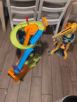 Hot wheels race track and paw patrol toy crane