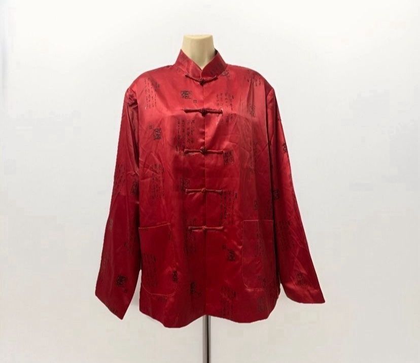 Red Asian Tunic Blouse 3XL Toggle Buttons Shoulder Pad Pockets Black Dragon 🐉 Pattern