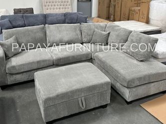 NEW Modern Fabric Sectional Sofa and Chaise set FREE STORAGE OTTOMAN Ashley IKEA Style Discount Furniture Warehouse Clearance BIG Couch SALE Grey