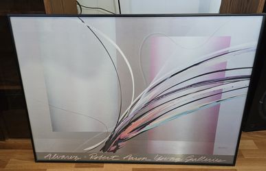 Vtg. Framed print by Elba Alvarez 80's geometric abstraction featuring dynamice swirling lines and multicolor covered design