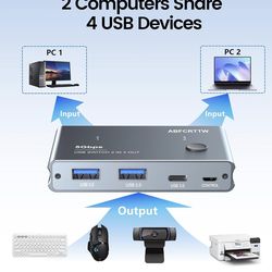 USB 3.0 Switch 2 in 4 Out with Desktop Controller, Aluminum USB Switch for 2 Computers with 1xUSB C Port and 3xUSB A Ports, 2 USB A to A Cables for Mo