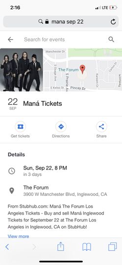 2 TICKETS *MAŃA* @ THE FORUM 9/22 8pm