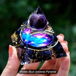 Galaxy Orgone Pyramid with an Amethyst sphere and Blue Sandstone, Aluminum shavings 