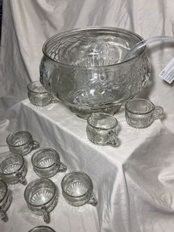 Vintage Glass Punch Bowl Set with 12 cups