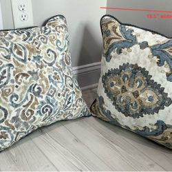 Pair of Large Blue, Gray, Tan & White Patterned Thick Throw Pillows