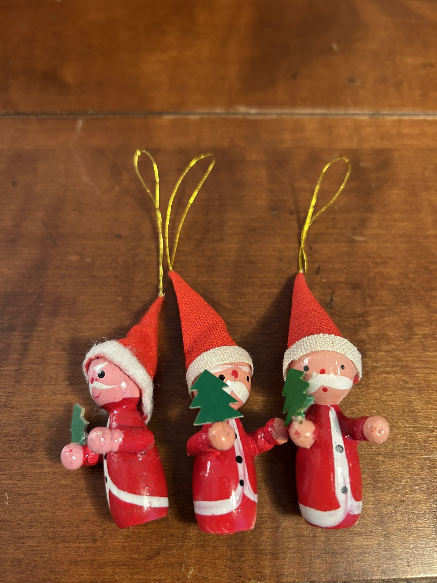 Set of Miniature Wooden Santa Ornaments 2.75” Long - full length with loop is 4”