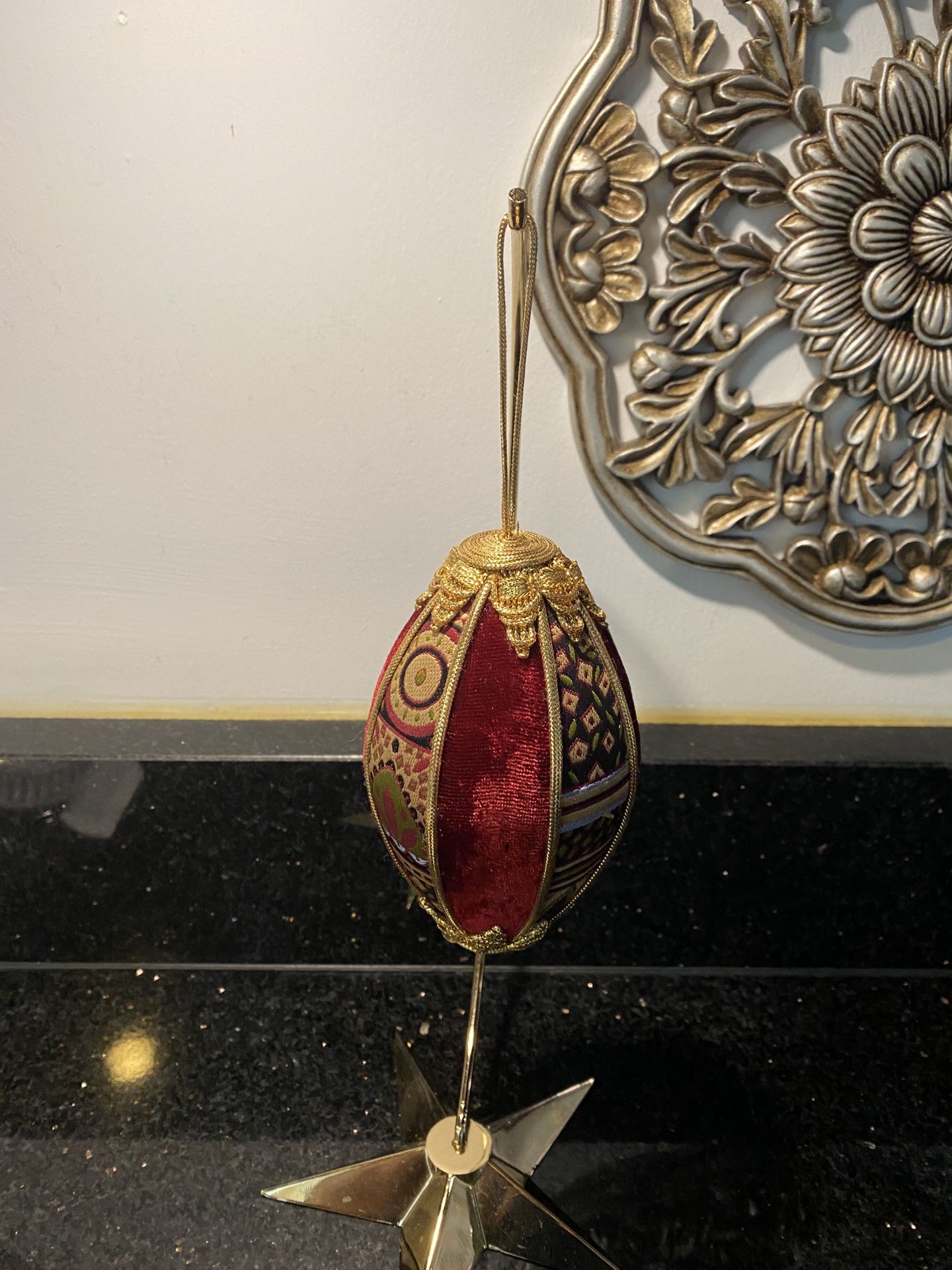 Vintage Handmade Fabric Christmas Ornament Egg in Royal Burgundy & Gold Colors