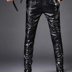 Motorcycle Biker Style Men`s Faux Leather Pants with Zipper Pockets Black.