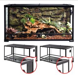 REPTI ZOO 50G Reptile Tank 36x18x18
Sold As-Is 
Damage Description: Damage to frame. See picture. 
Brand: REPTI ZOO
Model: RK0119
Color: Black and Cle